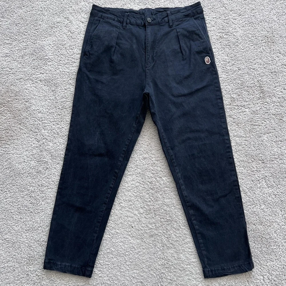 A Bathing Ape Chino Pants Mens M 30x25 Black Pleated Tapered Fit Stretch Logo